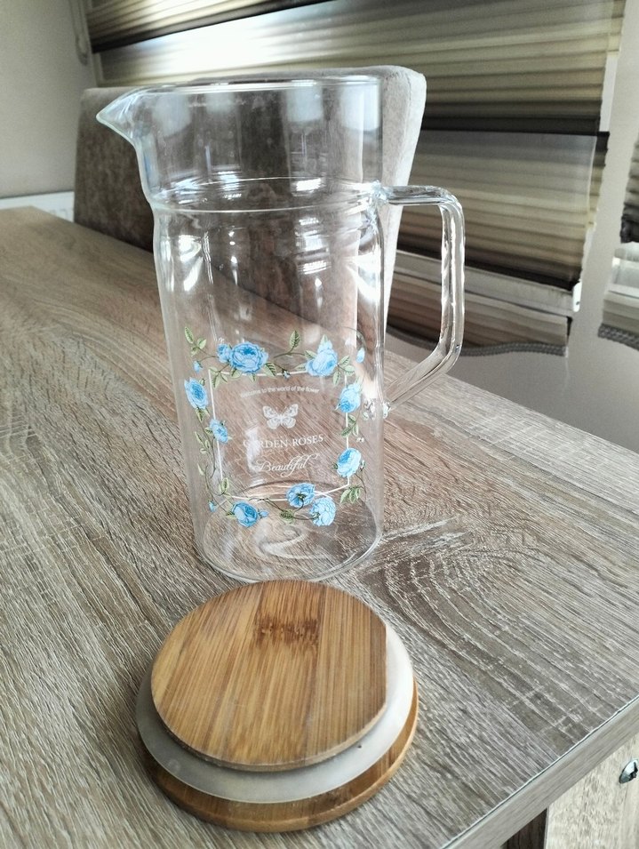 Mavi Çiçek Desenli Cam Sürahi - Görsel 3