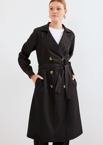 Siyah Kemerli Uzun Kadın Trençkot - Görsel 2
