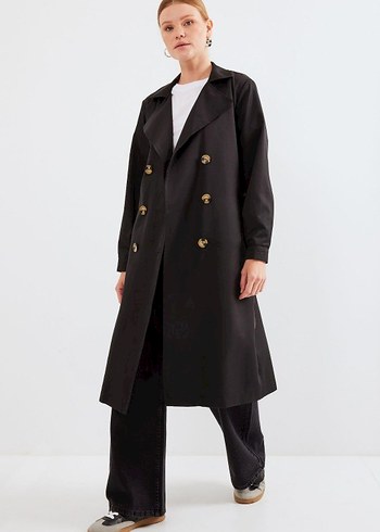 Siyah Kemerli Uzun Kadın Trençkot - Görsel 3