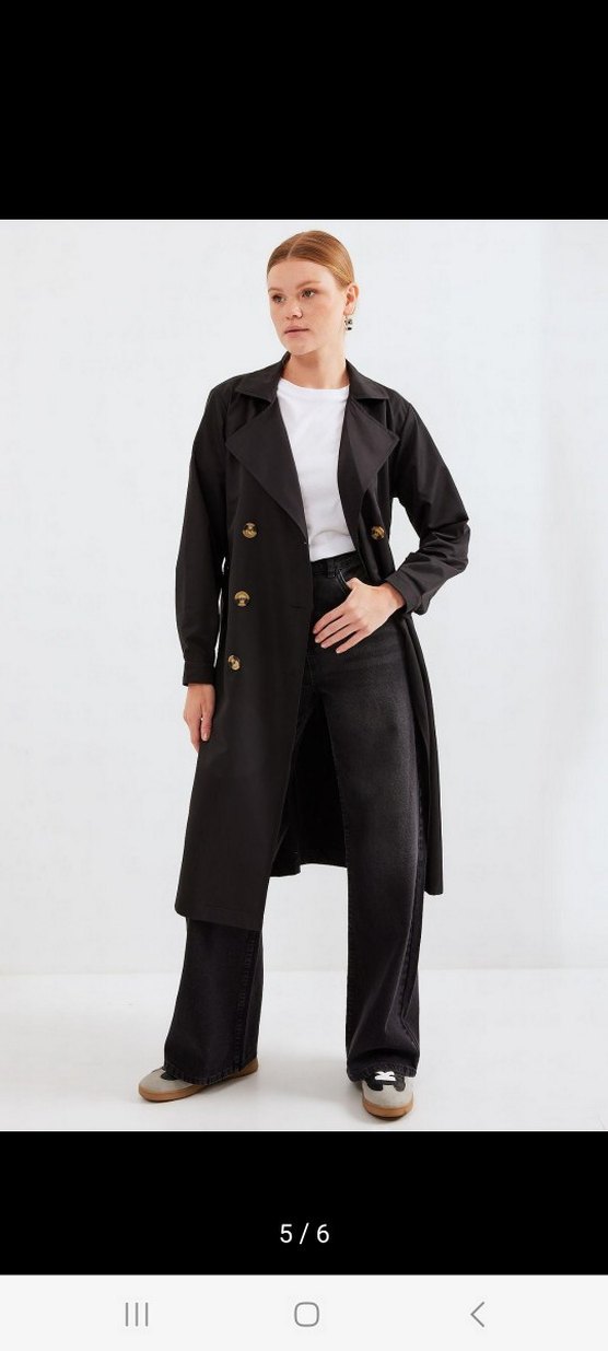 Siyah Kemerli Uzun Kadın Trençkot - Görsel 4