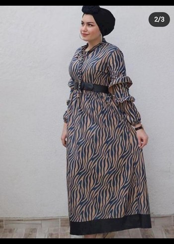 Kahverengi Zebra Desenli Uzun Elbise - Görsel 2