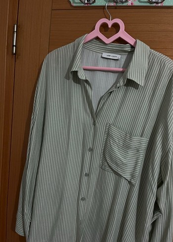xxl Beden Bej Çizgili Uzun Kollu Kadın Gömlek