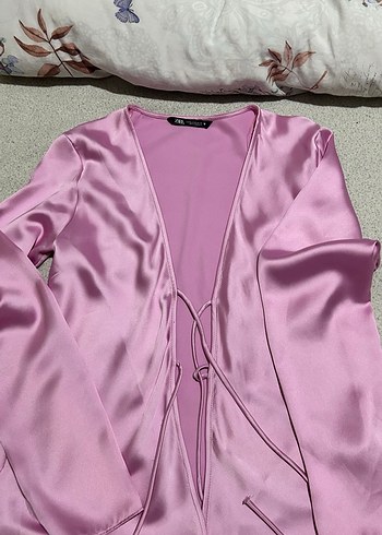 Pembe Kadın Uzun Kollu saten bluz
