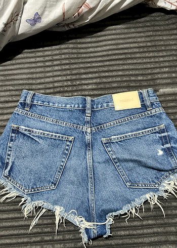 Kadın Gri Mavi Bağlamalı Salaş Mini Kot Şort - Görsel 2