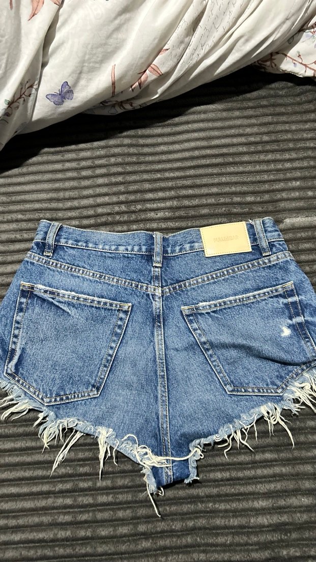 Kadın Gri Mavi Bağlamalı Salaş Mini Kot Şort - Görsel 2