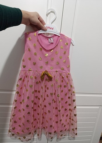 Kız Çocuk Pembe Kalp Desenli Kolsuz Elbise
