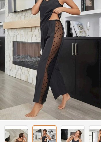 Siyah Puantiyeli Uzun Askılı Kadın Pijama