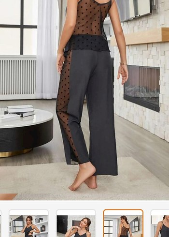 xl Beden Siyah Puantiyeli Uzun Askılı Kadın Pijama