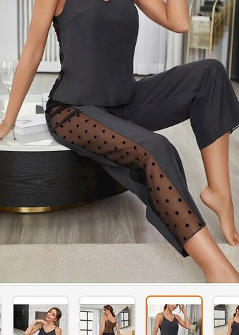 xl Beden siyah Renk Siyah Puantiyeli Uzun Askılı Kadın Pijama