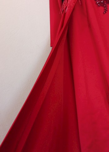 Kırmızı Uzun Kollu İşlemeli Abiye Elbise - Görsel 7