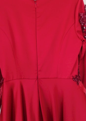 Kırmızı Uzun Kollu İşlemeli Abiye Elbise - Görsel 10