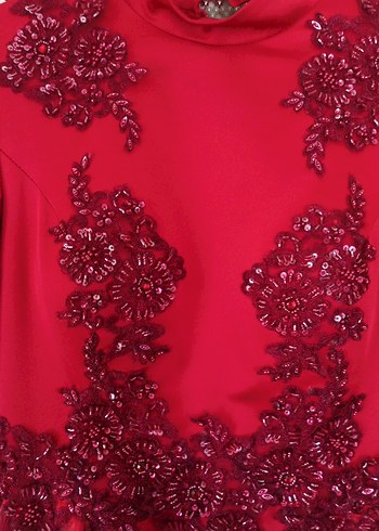 Kırmızı Uzun Kollu İşlemeli Abiye Elbise - Görsel 9