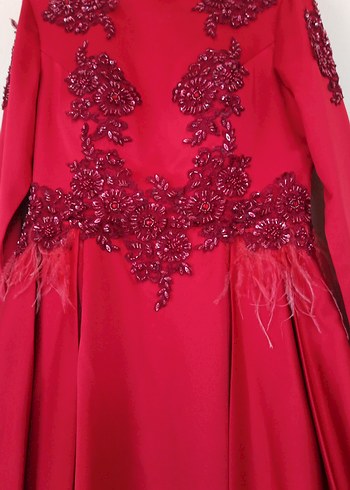 Kırmızı Uzun Kollu İşlemeli Abiye Elbise - Görsel 6