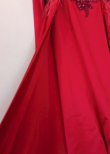 Kırmızı Uzun Kollu İşlemeli Abiye Elbise - Görsel 8