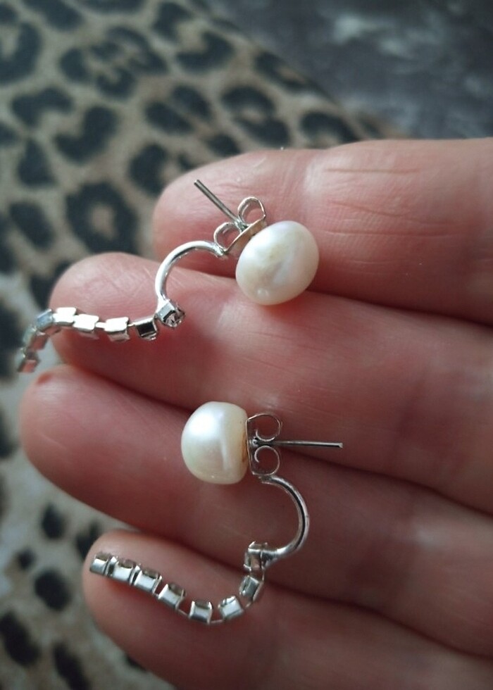 Gerçek İnci pirlanta taşlı küpe  - Görsel 3