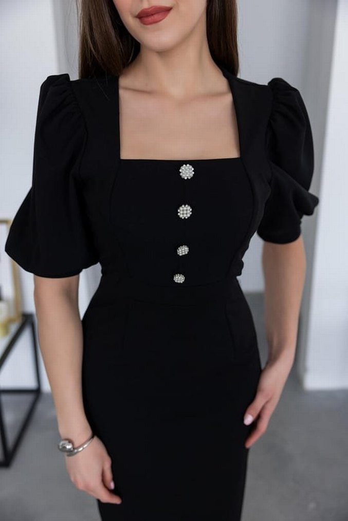 Düğmeli Siyah Uzun  Elbise - Görsel 3