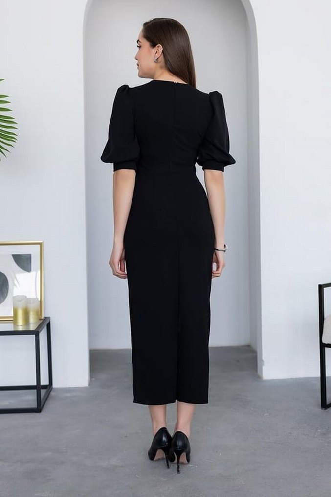 Düğmeli Siyah Uzun  Elbise - Görsel 2