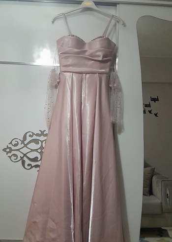 Pudra Renk Drapeli Uzun Abiye Elbise - Görsel 5