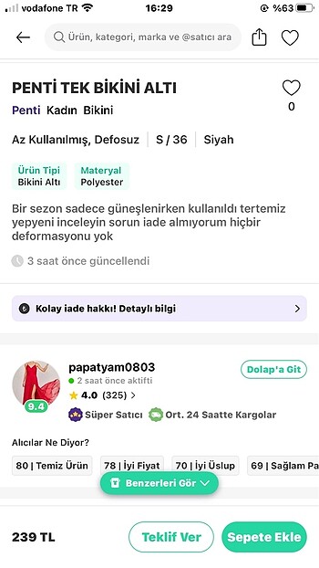 s Beden siyah Renk PENTİ TEK BİKİNİ ALT