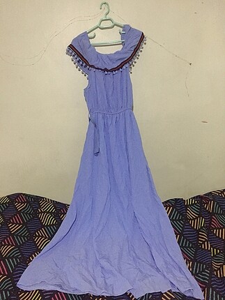 Bebek mavisi madonna yaka uzun elbise