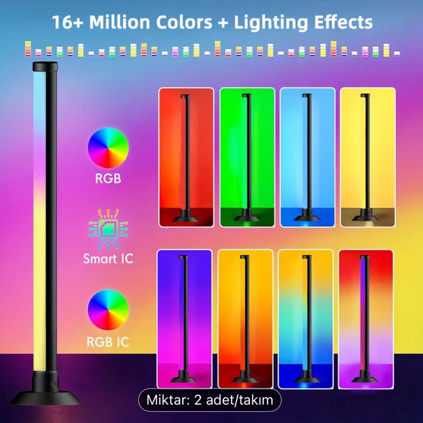Çok Renkli Kısılabilir RGB Ortam Aydınlatma Çubukları (2'li Set) - Görsel 2