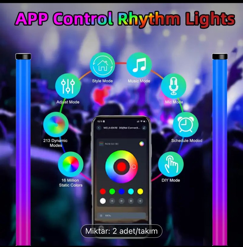 Çok Renkli Kısılabilir RGB Ortam Aydınlatma Çubukları (2'li Set) - Görsel 5