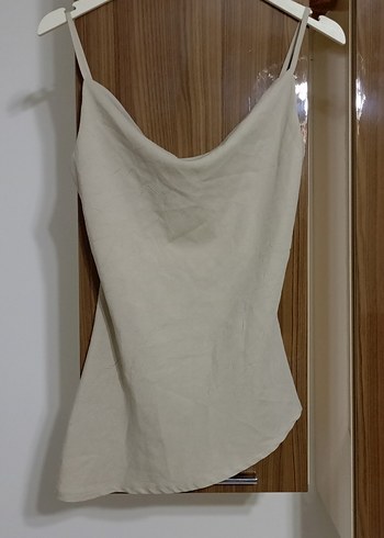 Bej Keten Midi Askılı Slim Fit Kadın Atlet
