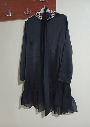 Drapeli Siyah Uzun Kollu Gotik Abiye tunik - Görsel 2