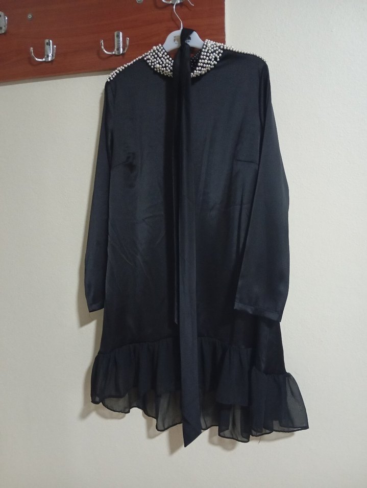 Drapeli Siyah Uzun Kollu Gotik Abiye tunik - Görsel 2