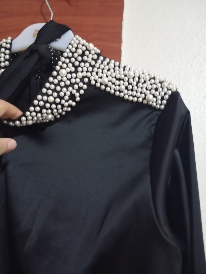 Drapeli Siyah Uzun Kollu Gotik Abiye tunik - Görsel 4