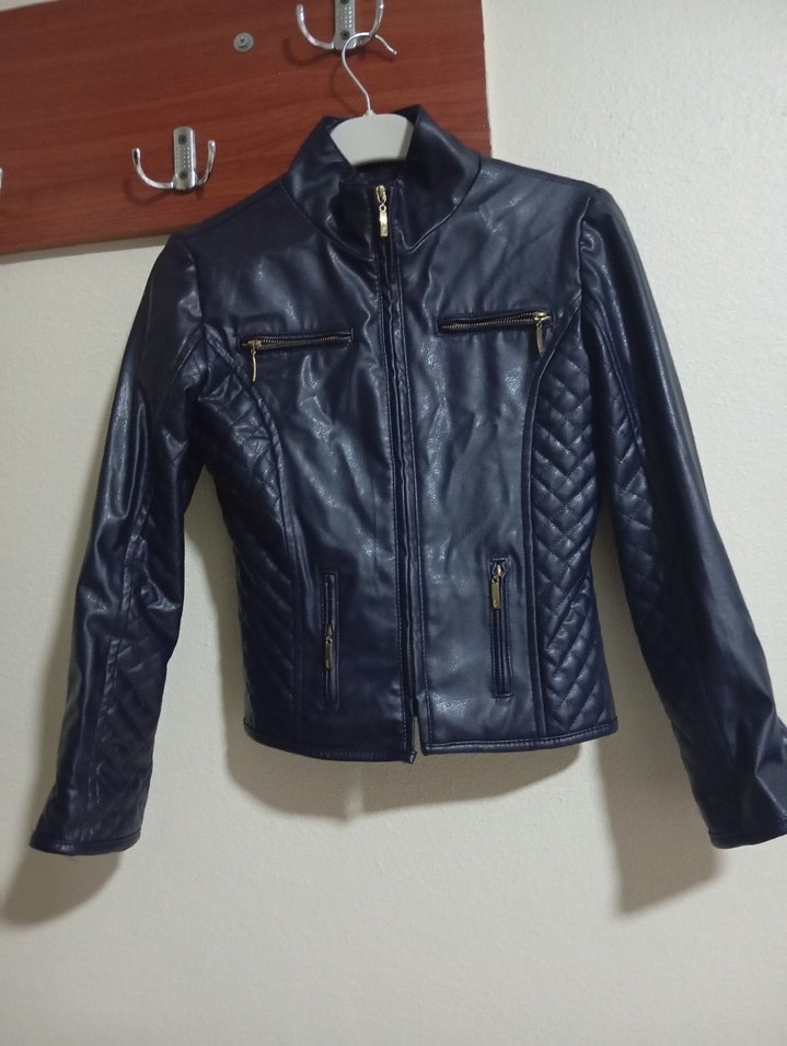 Koyu lacivert  Deri çocuk Biker Ceket - Görsel 2