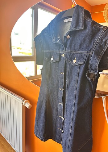Düğmeli Kolsuz Lacivert Denim Ceket elbise