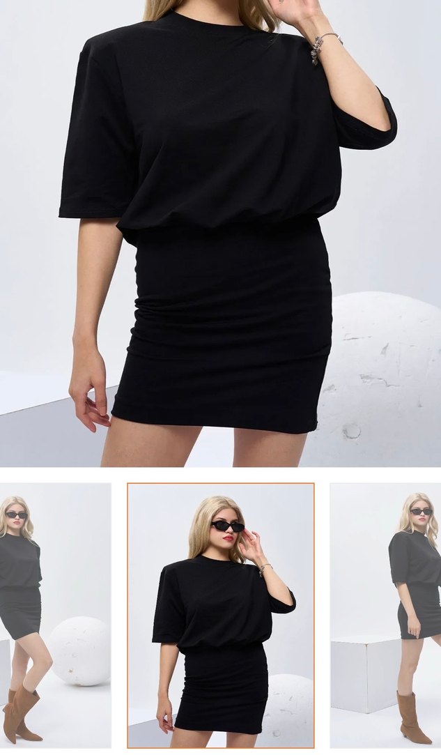 Siyah ve beyaz vatkalı tişört elbise - Görsel 2