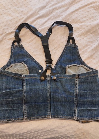 Kadın Mavi Denim Strappy Biker Yelek - Görsel 2