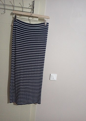 Çizgili Pilili Uzun Lacivert Etek - Görsel 2