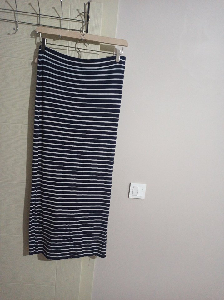 Çizgili Pilili Uzun Lacivert Etek - Görsel 2