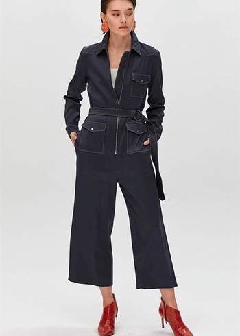 Gri Denim Kadın Uzun Tulum Kemerli