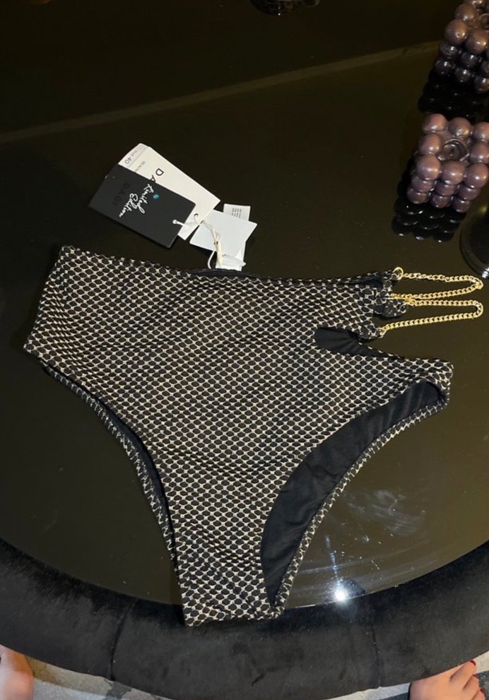 Zincir Detaylı Siyah Yılan Desenli yüksek bel Bikini Altı - Görsel 5