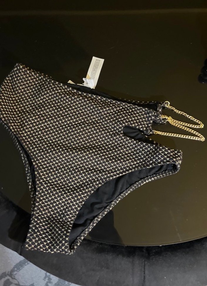 Zincir Detaylı Siyah Yılan Desenli yüksek bel Bikini Altı - Görsel 2