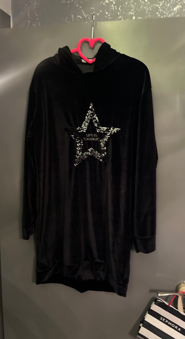 Siyah Pul İşlemeli Uzun Kollu Sweatshirt tunik yada elbise - Görsel 2