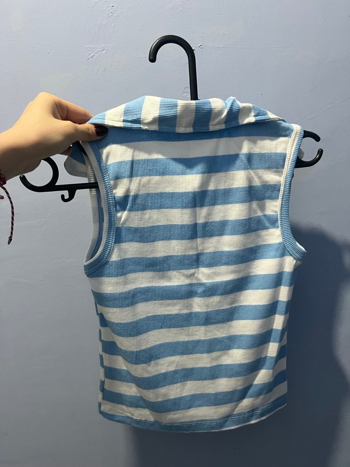 Mavi Çizgili Düğmeli Kolsuz Gömlek - Görsel 2