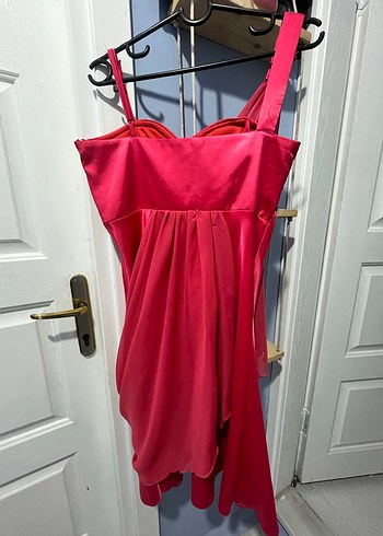 Parlak Pembe Drapeli Mini Abiye Elbise - Görsel 2