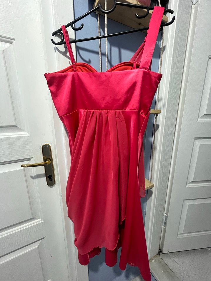 Parlak Pembe Drapeli Mini Abiye Elbise - Görsel 2