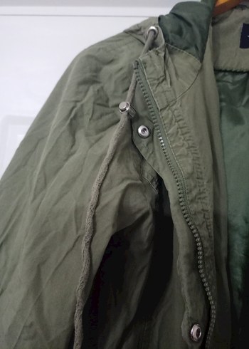 Haki Midi Kadın Ceket, Kapüşonlu, Fermuarlı - Görsel 3