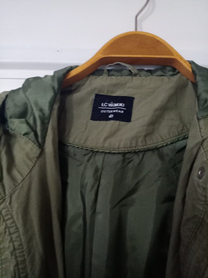 Haki Midi Kadın Ceket, Kapüşonlu, Fermuarlı - Görsel 2