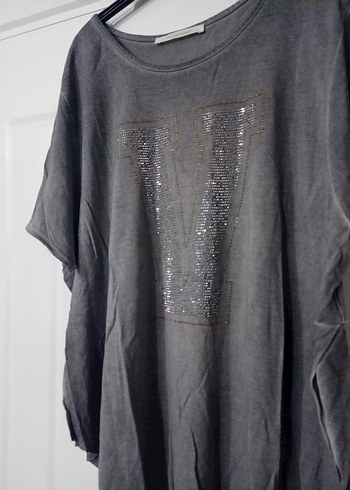 Gri Payetli Kadın penye Tişört - Görsel 5