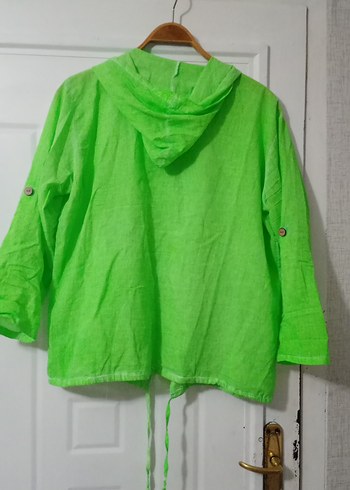 Yeşil otantik Keten Kadın Gömlek Kapüşonlu Düğmeli - Görsel 6