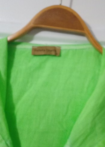 Yeşil otantik Keten Kadın Gömlek Kapüşonlu Düğmeli - Görsel 2