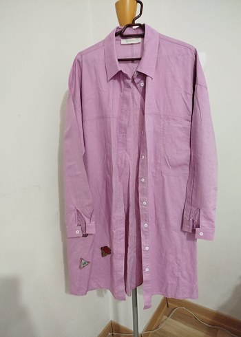 LC Waikiki Düğmeli Pastel Mor Keten Midi Gömlek