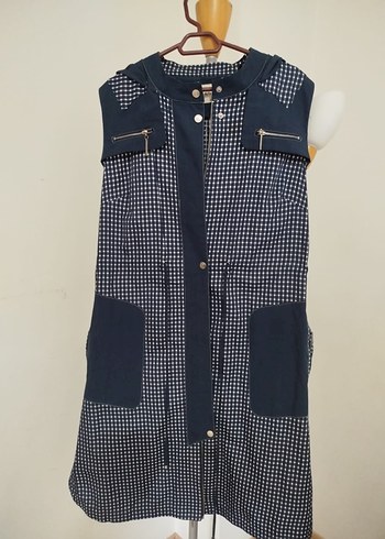 Düğmeli Kısa Kollu Lacivert Ekose Denim Yelek